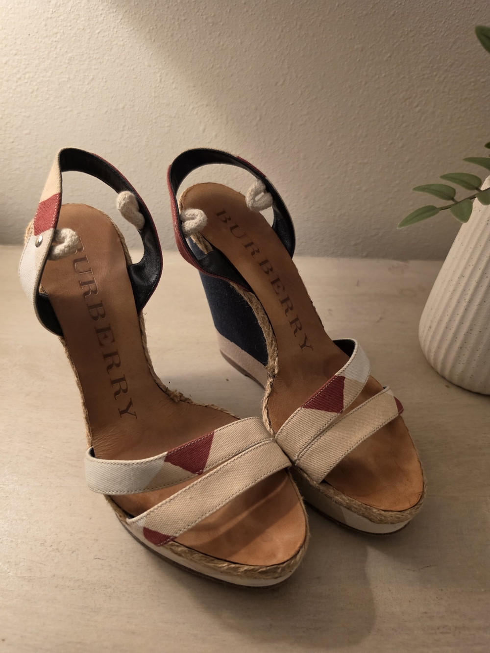 Burberry Beige Canvas Wedge Sandals with Red Accents
